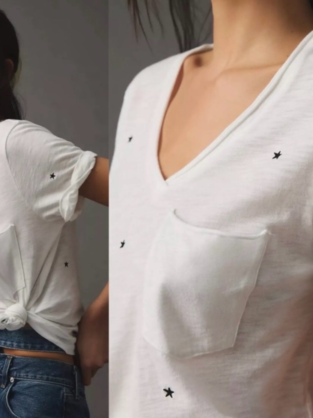 Anthropologie T La White V-Neck Pocket Tee with Navy Star Embroidery size Small